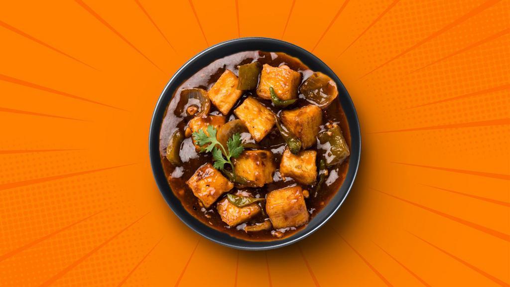 Chili Paneer · Fried cubes of cottage cheese sauteed with onions, ginger, garlic, bell pepper and sauteed in house special Manchurian sauce.