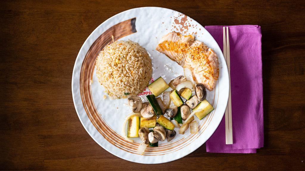 Hibachi Salmon Lunch · come with FRIED RICE, soup and vegetable