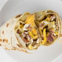 Bacon And Eggs Burrito · Served with potatoes, eggs, and cheese