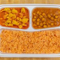 Combo Special (Tuesday) · Chicken masala, chana masala (garbanzo beans), basmati rice and soft drink.