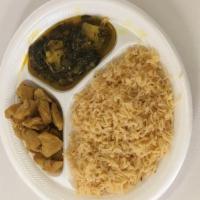 Combo Special (Friday) · Chicken masala, aalu palak (spinach and potatoes), basmati rice and soft drink.