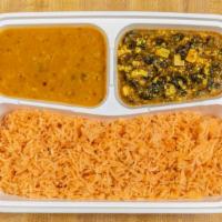 Combo Special (Veggie) · Daal masoor (red lentils), saag paneer (spinach and cheese), basmati rice, and soft drink.
