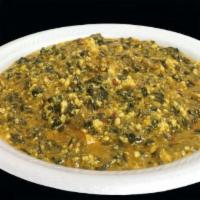 Saag Paneer · Cubes of cheese cooked in chopped fresh spinach flavored with authentic and fresh Pakistani ...
