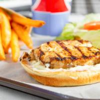 Grilled Chicken · A grilled chicken seasoned with home made Italian seasoning,
mayo, tomato, and lettuce, serv...