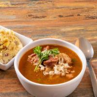 Chicken & Sausage Gumbo (Meal) · Chicken and Pork Sausage Gumbo served with white rice.