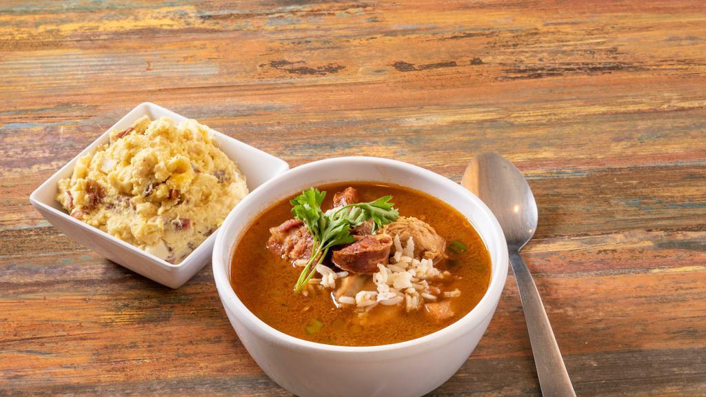 Chicken & Sausage Gumbo (Meal) · Chicken and Pork Sausage Gumbo served with white rice.