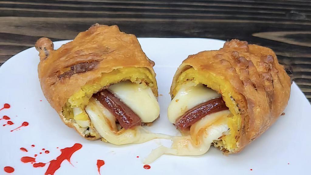 Aborrajados · Deep fried sweet plantain filled with mozzarella cheese and guava.