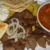 Gyro Platter · Rotisserie beef and lamb slices, served homemade tzatziki sauce and fresh pita bread. Greek ...