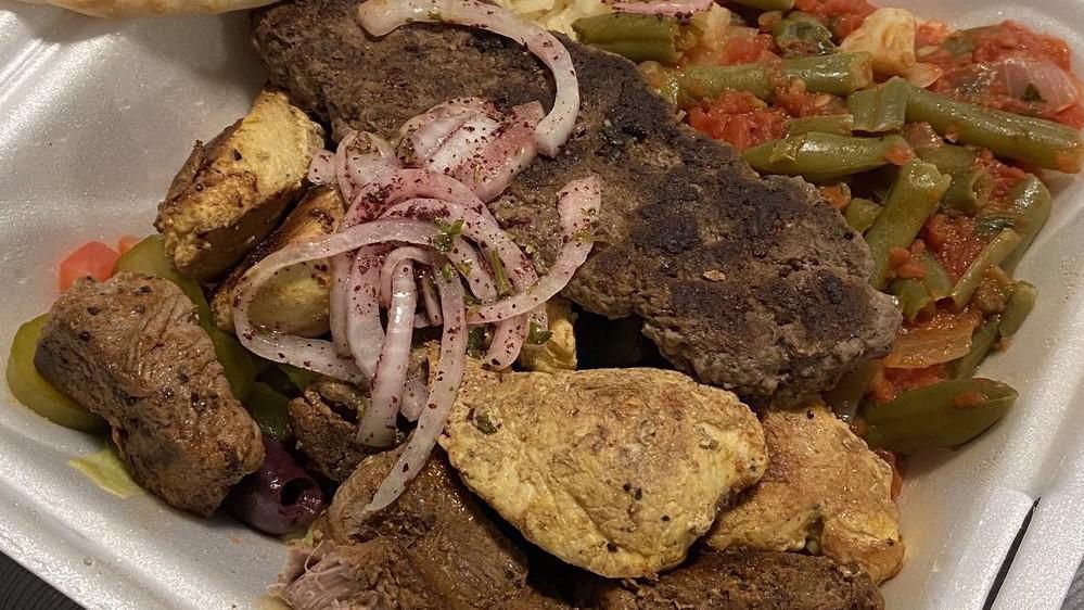 Mixed Grill (1 Skewer Of Each Chicken, Lamb And Kafta) · Grilled chicken, lamb, and kafta skewers served with our homemade tahini and garlic sauce, and fresh pita bread. Served with Greek salad, rice, and green beans.