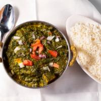 Palak Paneer · Gluten friendly and dairy free. Cottage cheese cubes cooked with spinach and creamy sauce.