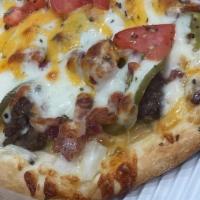 Cheeseburger Pizza · Seasoned ground beef, onions, dill pickles, Provolone, Mozzarella and Cheddar Cheeses and 10...