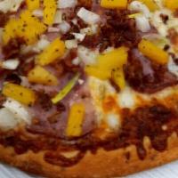 Luau Pizza · BBQ sauce, bacon , ham, onions, pineapple and Provolone cheese