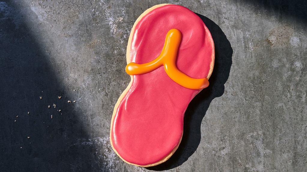 Flip Flop Cookie · 440 Cal. Freshly baked all-butter shortbread cookie shaped like a flip flop and decorated with icing. Allergens: Contains Wheat, Milk
