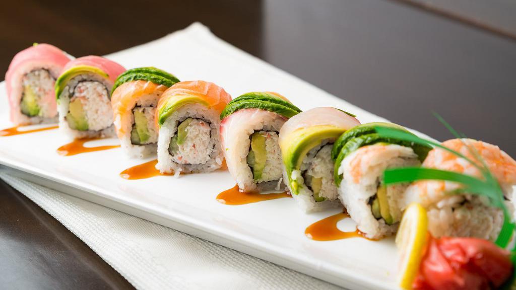 #84. Rainbow Roll · Crab meat, cucumber, avocado. Tuna, salmon, shrimp, avocado outside. Raw fish.
consuming raw or undercooked meats, poultry, seafood, shellfish, or eggs may increase your risk of foodborne illness.