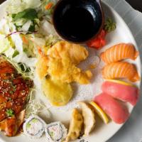 Sushi Combo · Chicken teriyaki, mixed tempura, 4 pieces sushi, 2 pieces California roll and 2 gyoza. Serve...