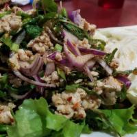 Larb Salad · Scallions, parsley, chilies, red onions, chili powder, lime, rested uncooked rice, fish sauc...