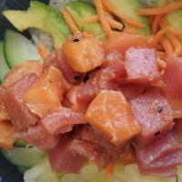 2 Headed Traditional Power Bowl (Gf) · Sashimi grade tuna and salmon in a traditional marinade, with the only exception being a glu...