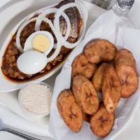 Red Red · Stewed black eye beans in palm oil, served with ripe fried plantain with choice of croaker f...