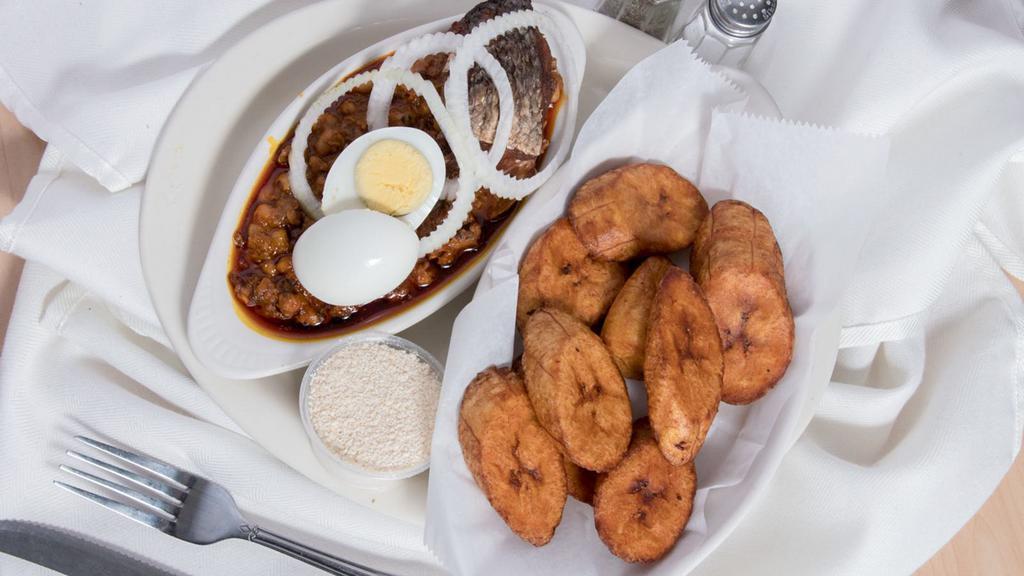 Red Red · Stewed black eye beans in palm oil, served with ripe fried plantain with choice of croaker fish, chicken, goat meat.