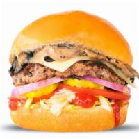 Swiss Mushroom Burger · Mushroom, swiss cheese, lettuce, tomato, red onion, pickle, ketchup, famous sauce.