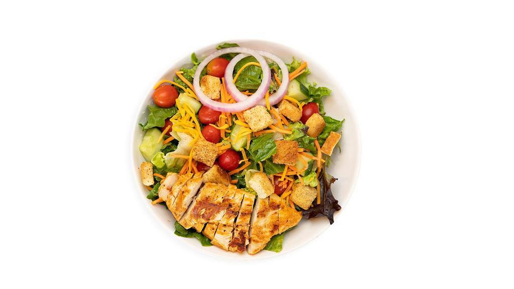 Grilled Chicken Salad · Field greens, tomato, cucumber, red onion, carrots, crouton, cheddar, grilled chicken, ranch dressing.