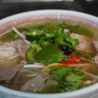 Beef Pho' Noodle Soup · Rice noodle, sliced beef and sliced beef meatballs. Comes with beansprout, mints, lime, hois...