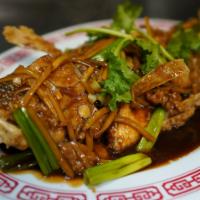 Whole Walleye Meat Sauce · Crispy whole walleye, pork, bamboo, scallions.  Served with white rice.