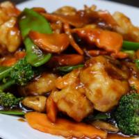 Shrimp With Vegetables · Shrimp, broccoli, mushrooms, carrots, peapods. Served with white rice.