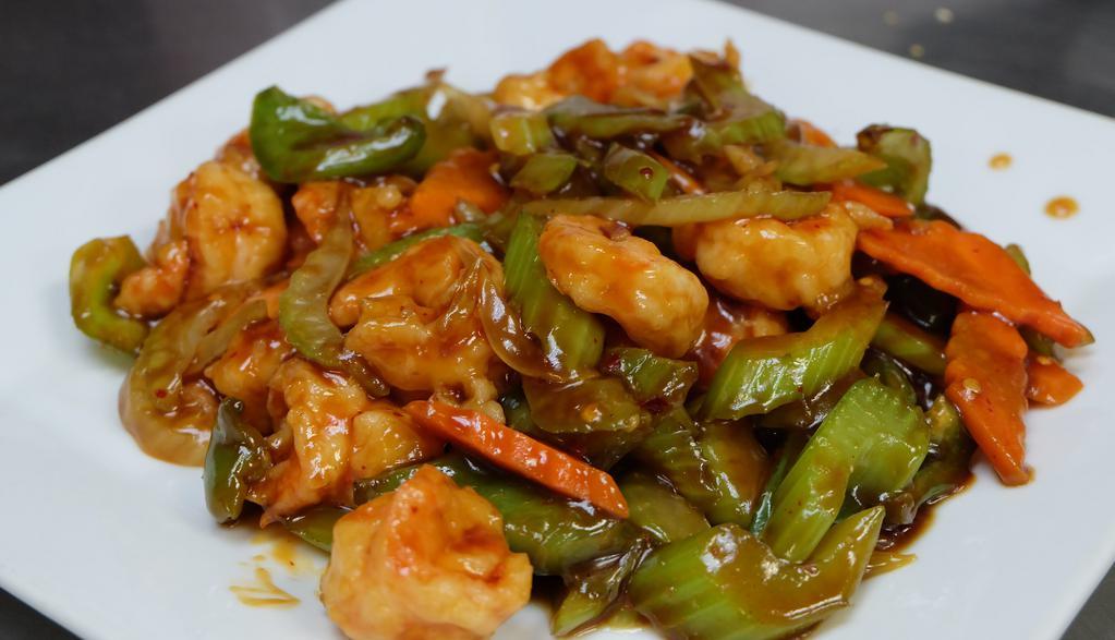 Ta Chein Shrimp · shrimps, celery, carrots, green pepper, in spicy brown sauce.  Served with white rice.  Quart size.