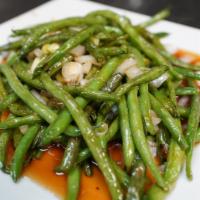 Juicy Green Bean · Fresh green beans, scallions, in sweet sauce.  Served with white rice. Vegetarian.