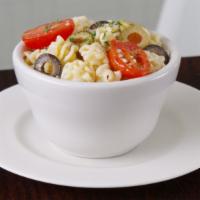 Greek Pasta Salad · Made with radiatore pasta, black & green olives, feta cheese and tomato with a wine paprika ...