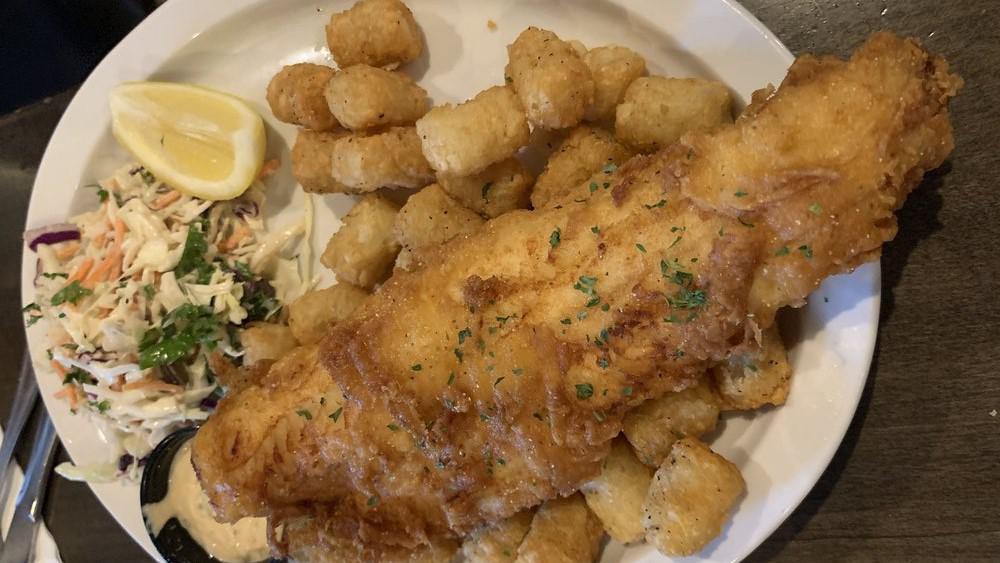 Fish + Chips · Beer Battered Walleye, Fries And Coleslaw
