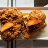 Chicken ‘N’ Waffles · Pickled Peaches, Bourbon Maple Syrup & Honey Cayenne Butter. We do not options for white meat.