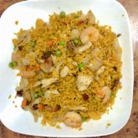 House Special Fried Rice 本楼炒饭 · Contains Veggies and Meats: Onion, Green Peas, and Carrots. Chicken, Pork, and Shrimp.