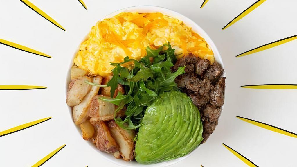 Sausage Breakfast Bowl · 2 Fried Eggs, Sausage, Hashbrownes, Shredded Cheese, and Sliced Avocado over Arugula