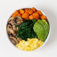 Veggie Breakfast Bowl · 2 Fried Eggs, Roasted Mushrooms, and Avocado over Kale