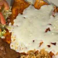 Enchiladas De Queso / Cheese Enchiladas · Four cheese enchiladas with red or green sauce, served with rice, beans, lettuce and tomatoe...