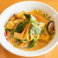 Vegetable Curry · Gluten-free. Spicy. Bell peppers, shoot strips, mushrooms, baby corn, napa cabbage, peapods,...
