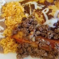 One Enchilada, One Tamale, Mexican Rice And Fried Beans · 