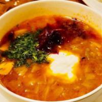 Borsch (Ukranian) · Famous soup in many east and central European countries with beef, tomatoes, cabbage, onions...