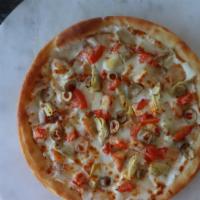 Alfredo Garlic Grilled Chicken Pizza · Garlic chicken, tomato, green olives, artichoke and alfredo sauce, parmesan, romano, mozzare...