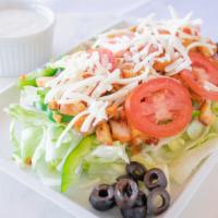 Chicken Salad · Garlic Grilled chicken breast, lettuce, tomato, onions, mushrooms, cheese, black olives, gre...