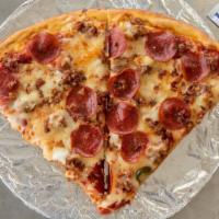 Meat Lovers Pizza Slice · Sausage, Pepperoni, and Bacon and  can of pop