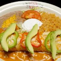 Burrito Chipotle · Grilled chicken with onion and bell pepper inside flour tortilla. Topped with delicious crea...