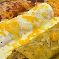 Enchiladas Trio · One cremada, one suiza and one mole sauce filled with your choice cheese, chicken, ground be...