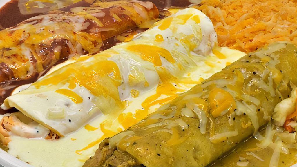 Enchiladas Trio · One cremada, one suiza and one mole sauce filled with your choice cheese, chicken, ground beef or shredded beef.
