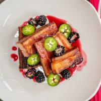 Braised Bacon · Seared braised bacon, blackberry, jalapeño, with brewed blackberry gastrique.