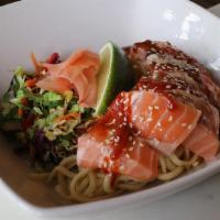 Sashimi Salmon Bowl · Cold sesame noodles, asian slaw, skuna bay salmon.

Consuming raw or undercooked meats, poul...