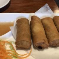 Veggie Egg Rolls (4 Pieces) · Golden crispy rolls filled with carrot, cabbage, and bean thread noodle. Served with homemad...