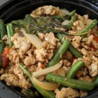 Spicy Basil (Kra-Prow) · Stir fried with green bean, onion, and bell pepper in Thai chili and garlic sauce. Served wi...